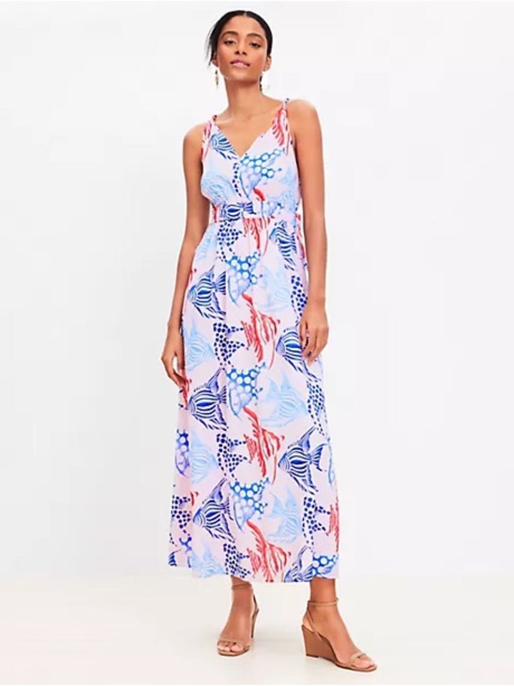 Loft Floral Maxi Dress small women’s fish pink red blue beach resortwear cruise
